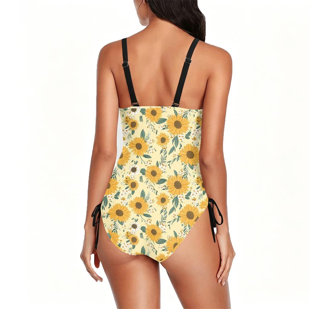 Women Floral Print Swimsuit Scoop Neck Tie Side Summer Vacation Beachwear Bathing Suit