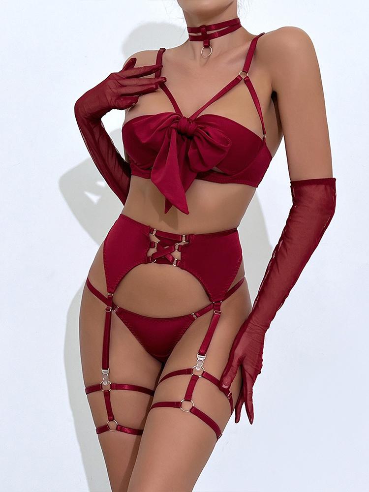 Sexy Bandage Hollow Out Lingerie Set Women's Solid Stain Underwear with Long Gloves Six Pieces Set Female Exotic Apparel Suit