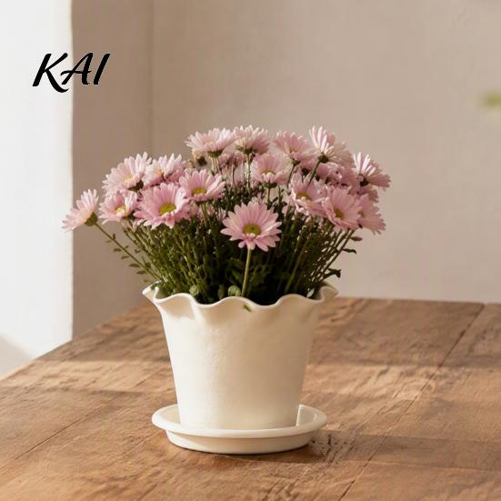 Plant Containers for Flowers Wavy Edge Planter with Saucer, Thickened Flower Pot Simple Style Planting Drainage Holes, Modern Indoor Outdoor