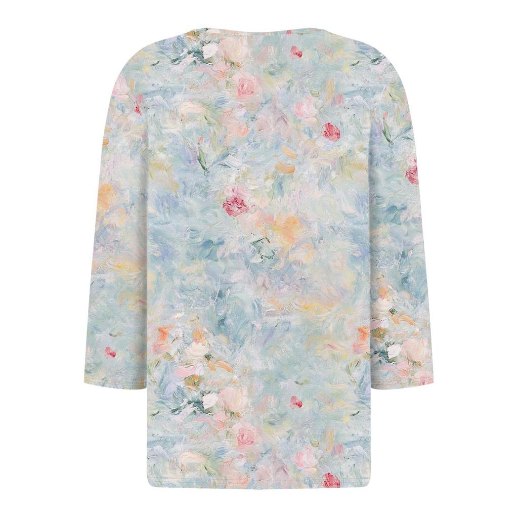 Kadın Tişört Baskılı Düğme 3/4 Kol Günlük Hafta Sonu Modası Temel V Yaka Normal Üst