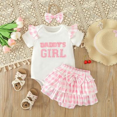 Summer Children's Sweet Short-sleeved Embroidered Letter Dress, Striped Shorts and Headband Set for Girls
