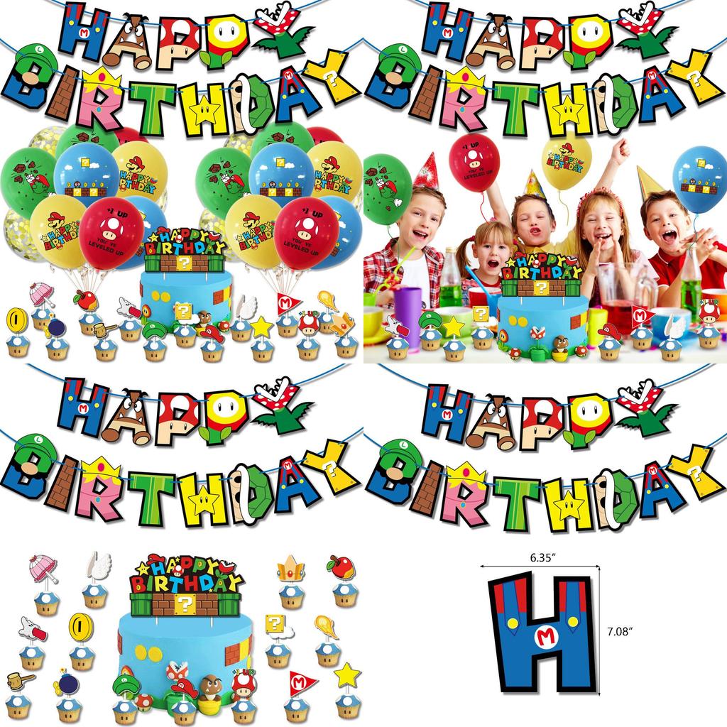 Super Mario Birthday Party Decoration Set Cartoon Themed Flags And Cake Toppers