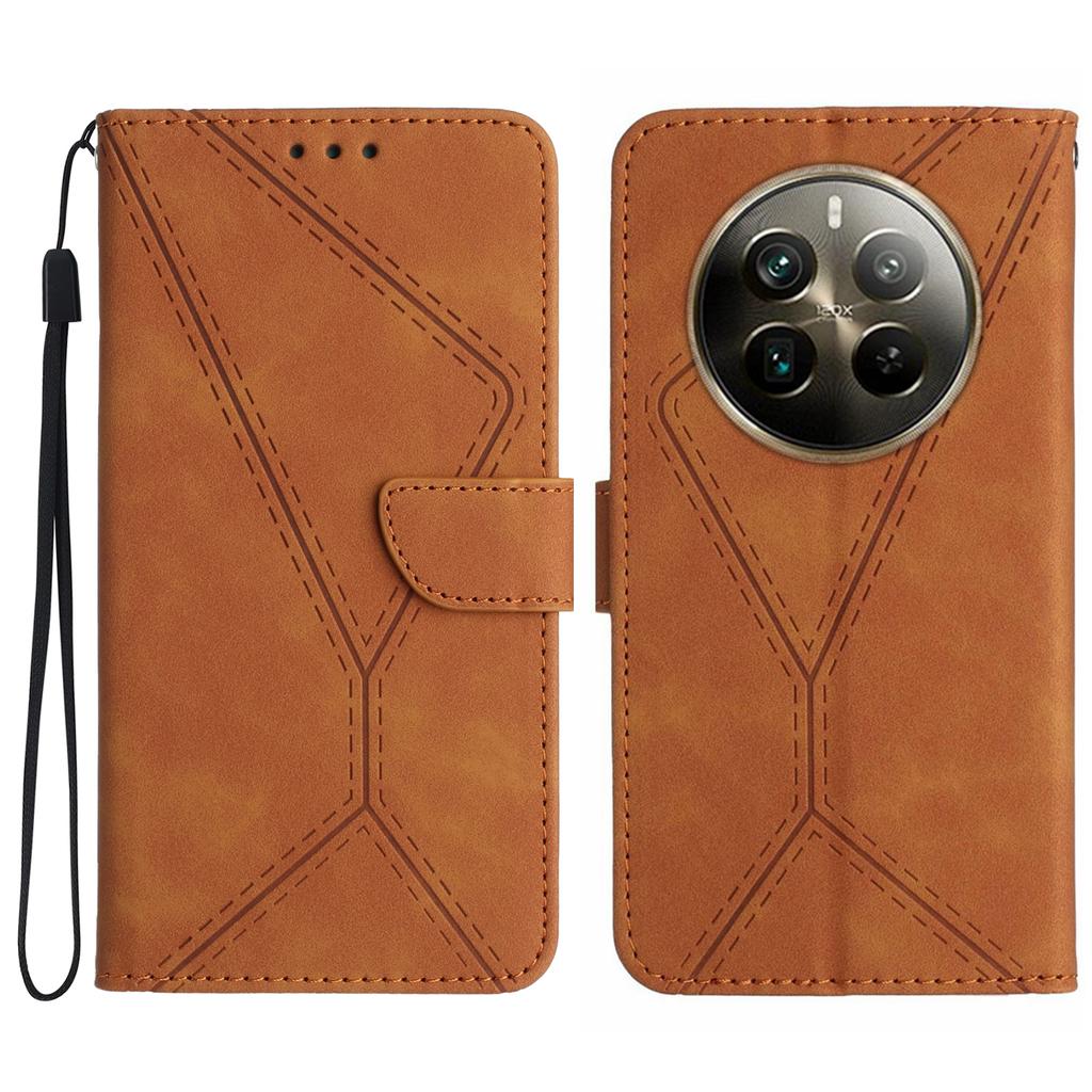 HT05 For Realme 12 4G/12+ 5G Wallet Case PU Leather Stand Phone Cover Lines Imprinted