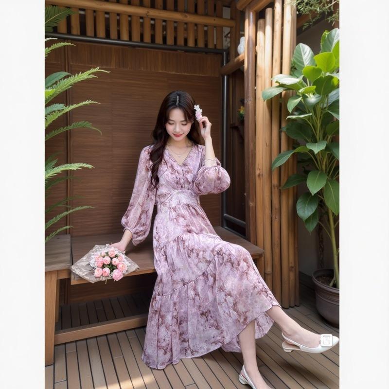 Plus Size Women's New V Neck Floral A Word Waist Slimming Mid Length Dress