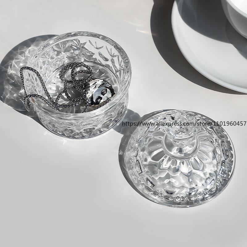 Instagram-style Embossed Glass Flower Storage Box Candy Jar Decorative Cotton Swab and Toothpick Holder Butterfly-lid Pencil