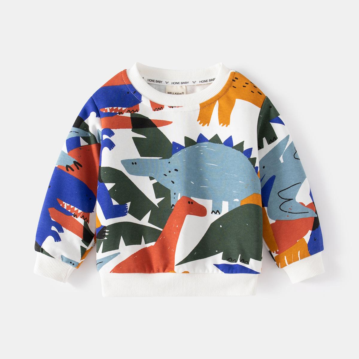 Spring trend boys pullover sweater, dinosaur pattern printed casual sweater, comfortable and loose children s sweater 130cm