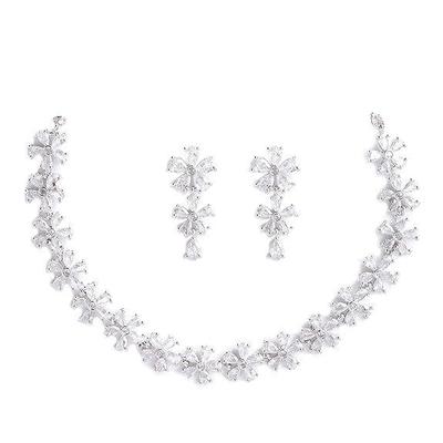 Rhodium Plated Silver Toned White American Diamond Studded Flower Shaped Jewellery Set For Girls and Women
