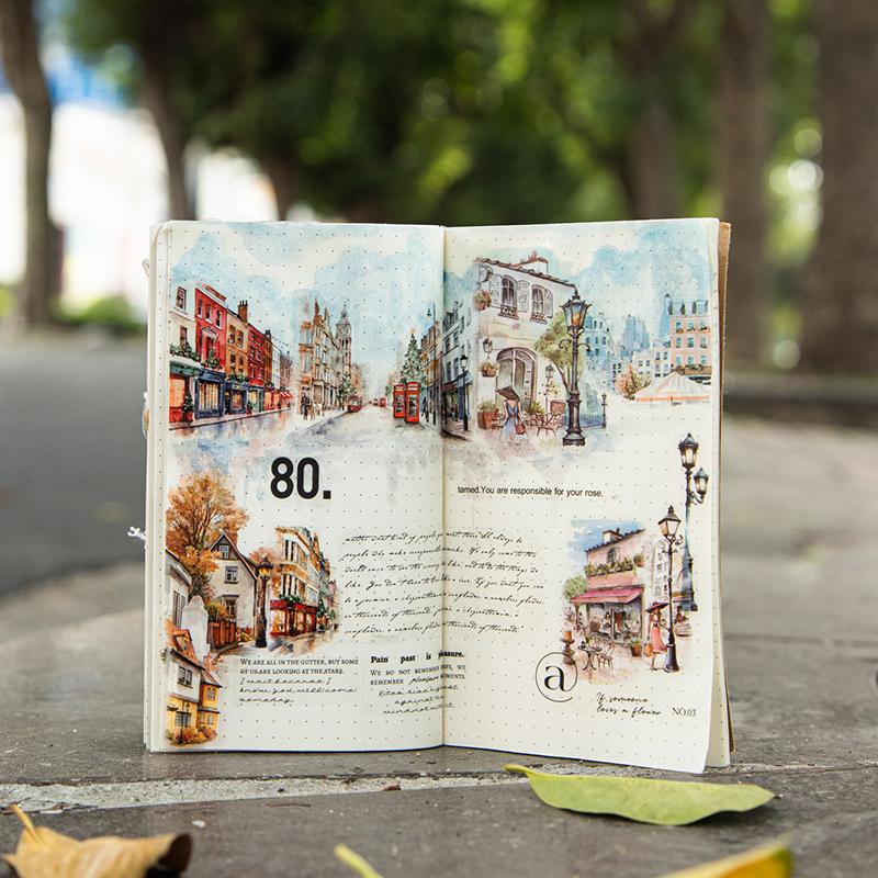 2m/roll PET Die-cut Tape Romantic City Travel Street Landscape Street Light Pattern Tape Creative DIY Greeting Card Decoration