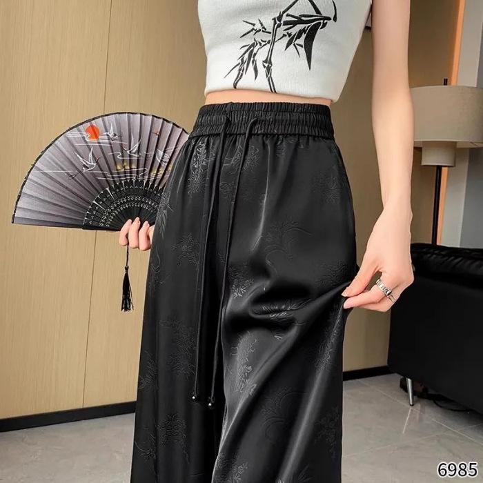 Plus Size Chinese Style Jacquard Wide-Leg Pants for Women, Spring/Summer Ice Silk Loose Fit