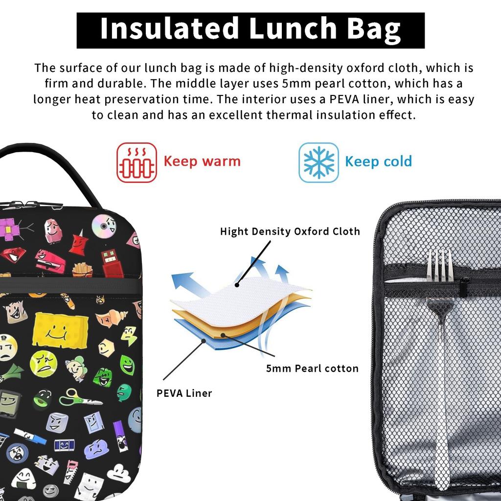 BFB Battle For Dream Island Cartoon Insulated Lunch Bag Thermal Bag Reusable,Meal Container High Capacity Tote Lunch Box