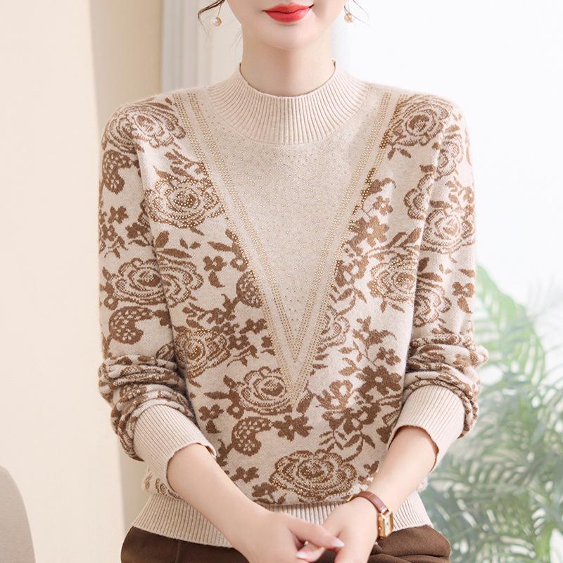 Chic Autumn/Winter Velvet-Lined Half-High Collar Warm Sweater for Stylish Middle-Aged & Elderly Women