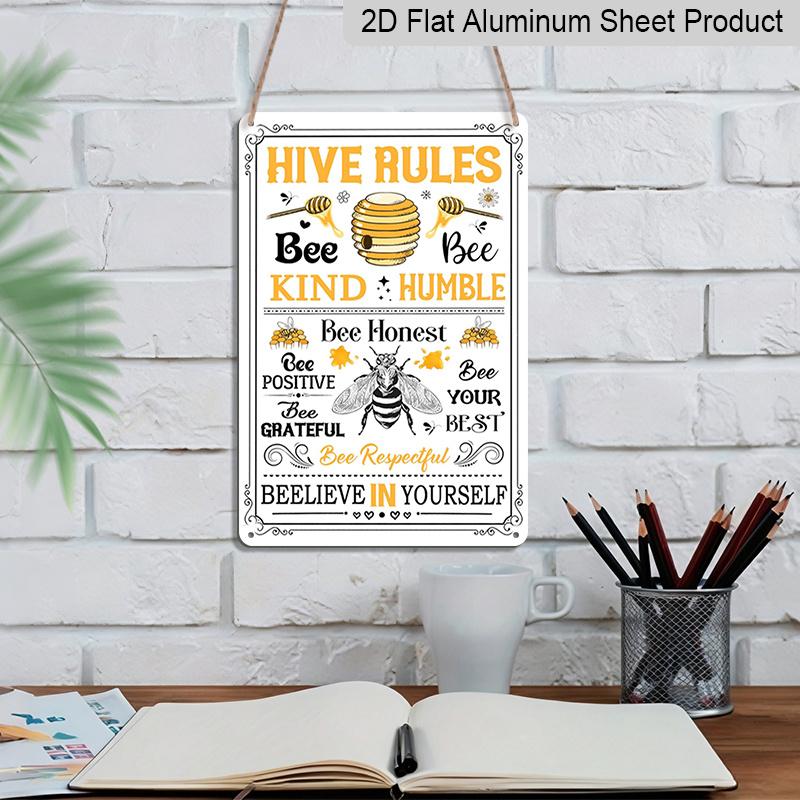 2D Flat Hive Rules Bee Kind Humble Vintage Bee Hive Metal Sign - 8.0x12.0inch Aluminum Wall Art, Farmhouse Bee Themed Home Kitchen Decor, Pre-Drilled