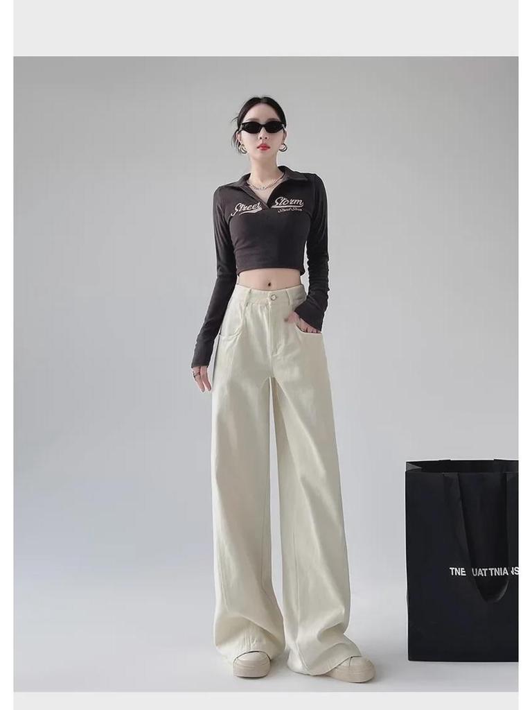 Women's White High-Waisted Wide-Leg Jeans: Autumn/Winter Retro American Style Loose Fit.
