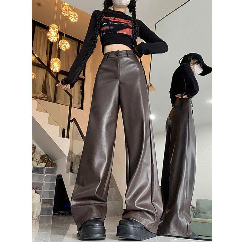 American Retro Plus Size High Waist PU Leather Wide-Leg Pants for Women - Slimming Casual Spring/Autumn Floor-Length Style