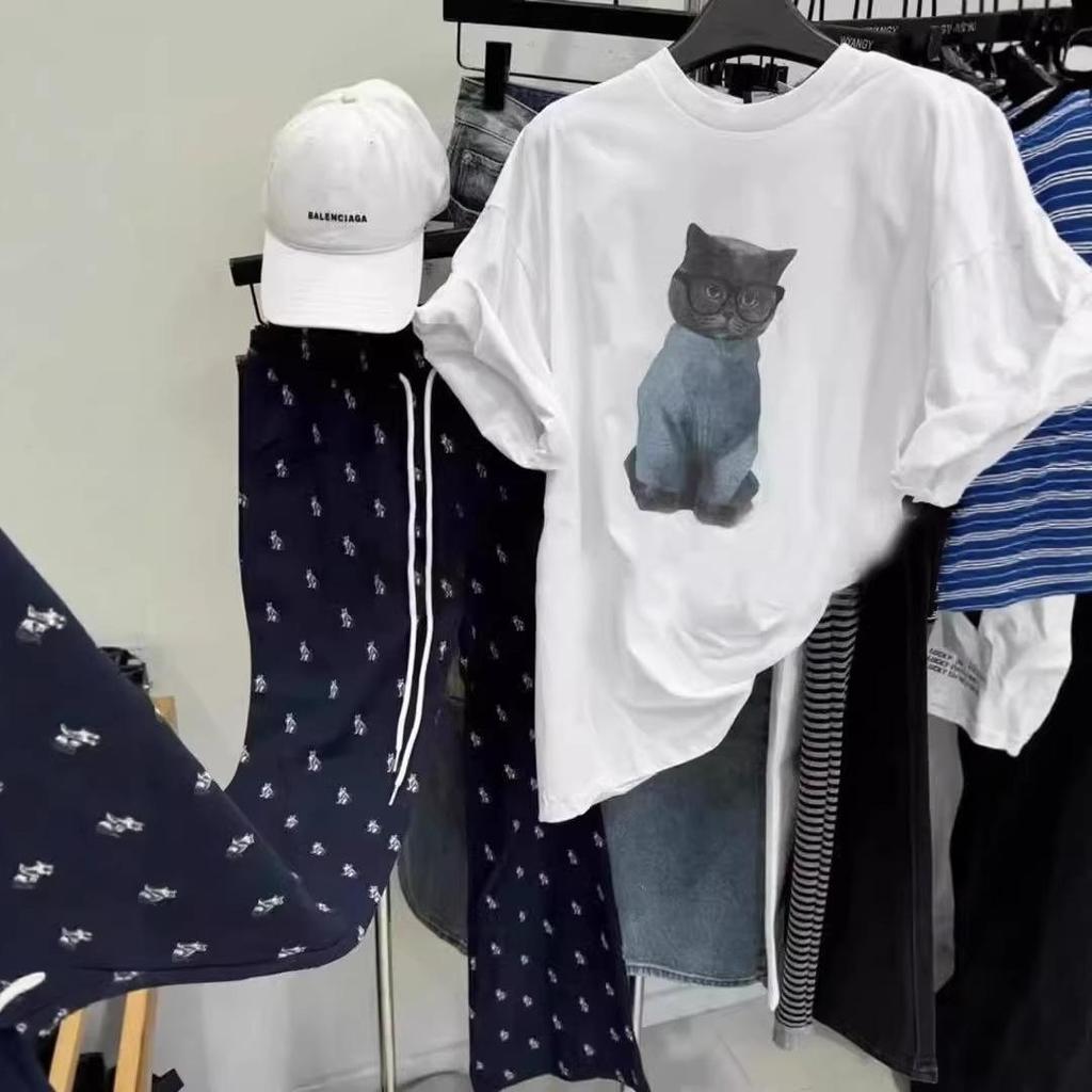 White Cat Women's Pure Cotton Loose Half Sleeve T-Shirt - New Spring/Summer 2026 Design