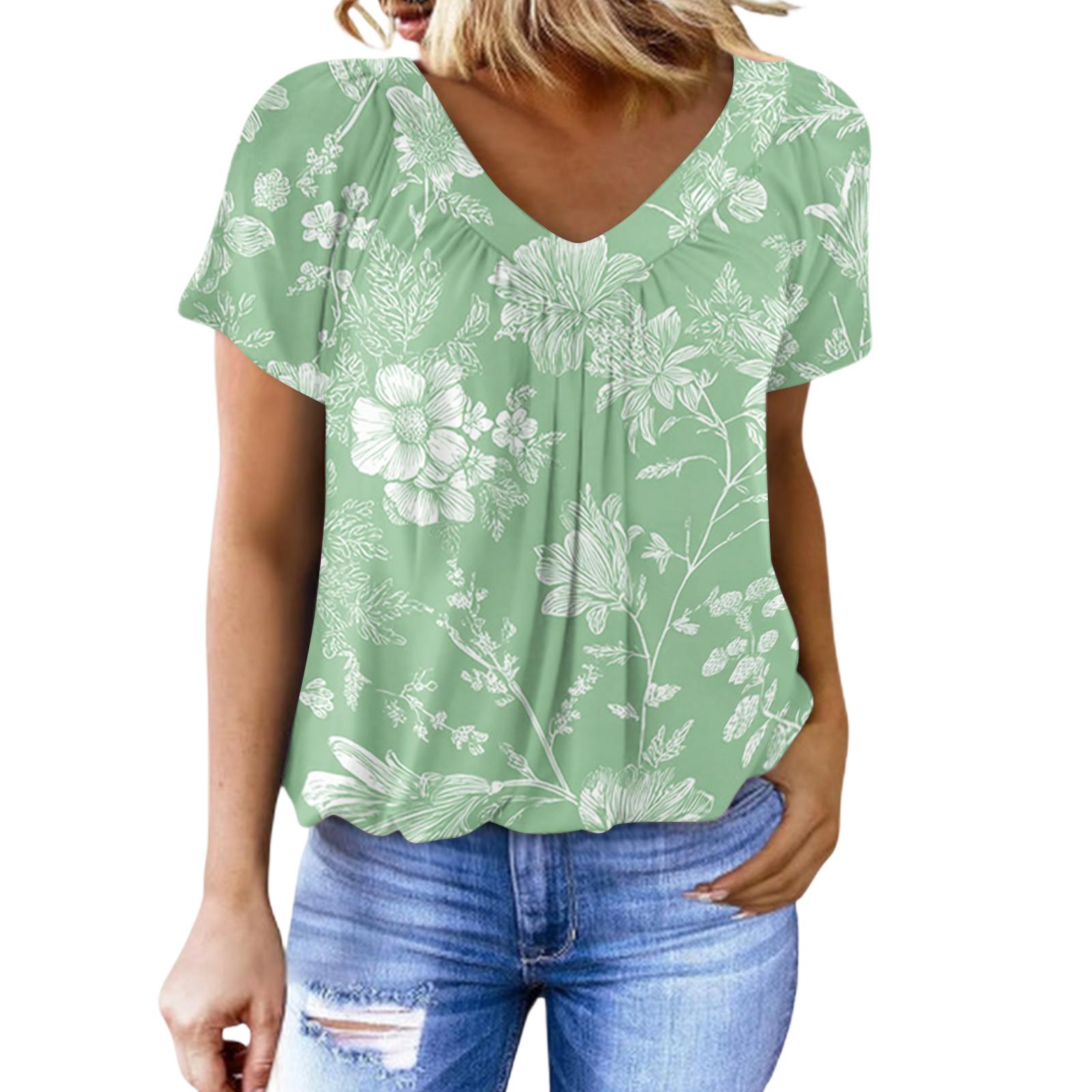 Women s Casual V-neck Pleated Floral Print Short-sleeved Top L