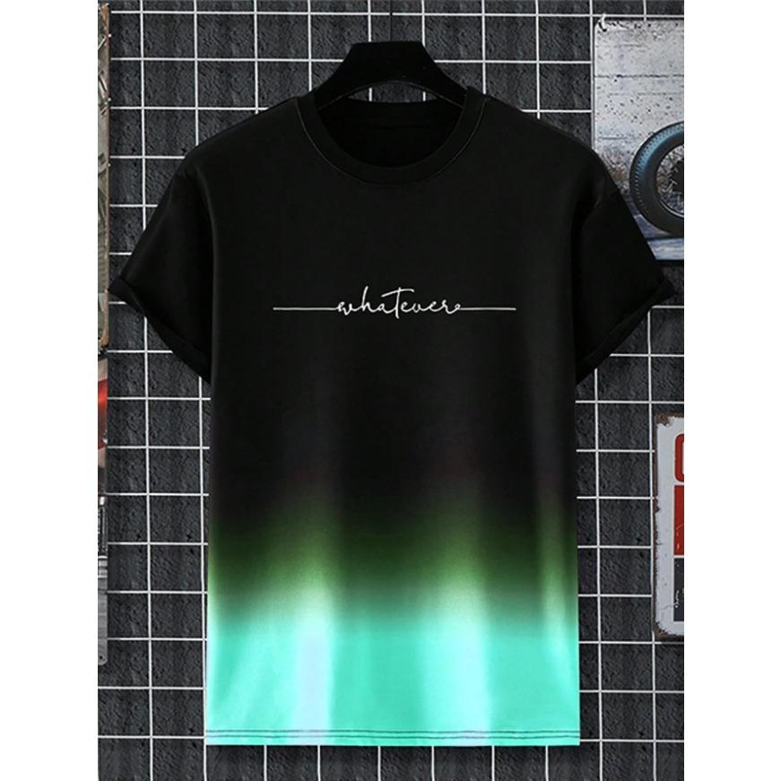 Gradient Letters Crew Neck Short Sleeve Alphabet Print T-Shirt Casual Weekend Wear for Men and Teens Vacation Resorts Spring/Summer/Fall