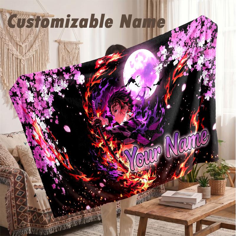 Custom Name Flannel Blanket,Demon Slayer Lightweight Warm Bed Blanket For Couch & Holiday Gift
