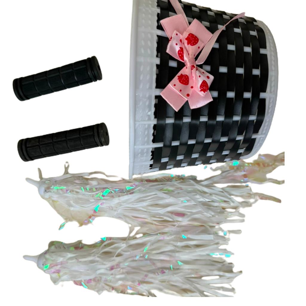 Cesto intrecciato in plastica per biciclette per bambini, nastrini, manopola manubrio, manubrio anteriore staccabile, decorazione cestino per bicicletta