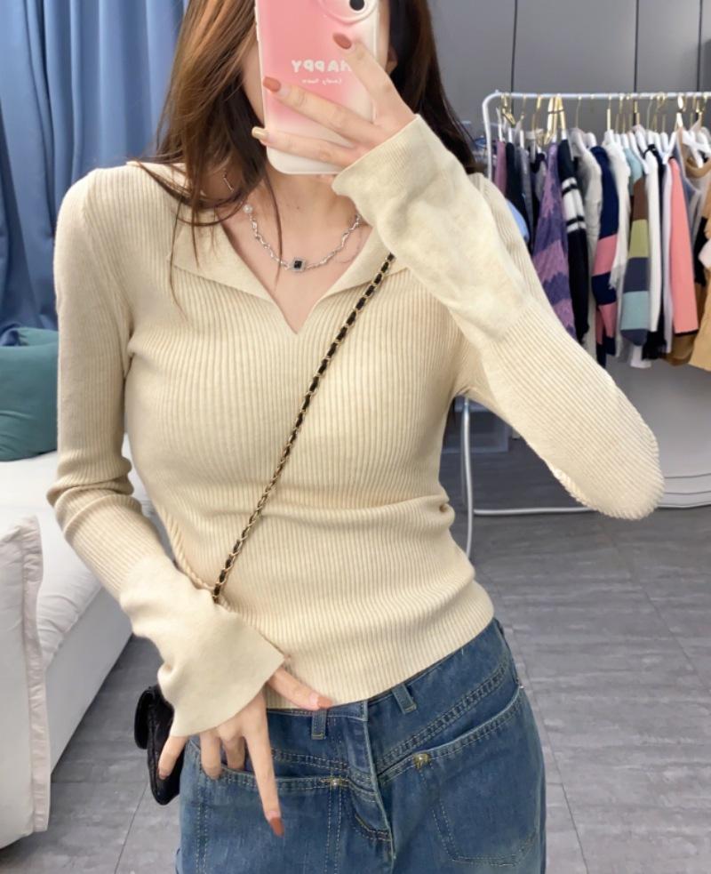 Milk Apricot V-Neck Knitted Sweater for Women - Spring Slim Fit 2025, Sweet & Spicy Polo Neck, Long-Sleeved Top, Bottoming Shirt
