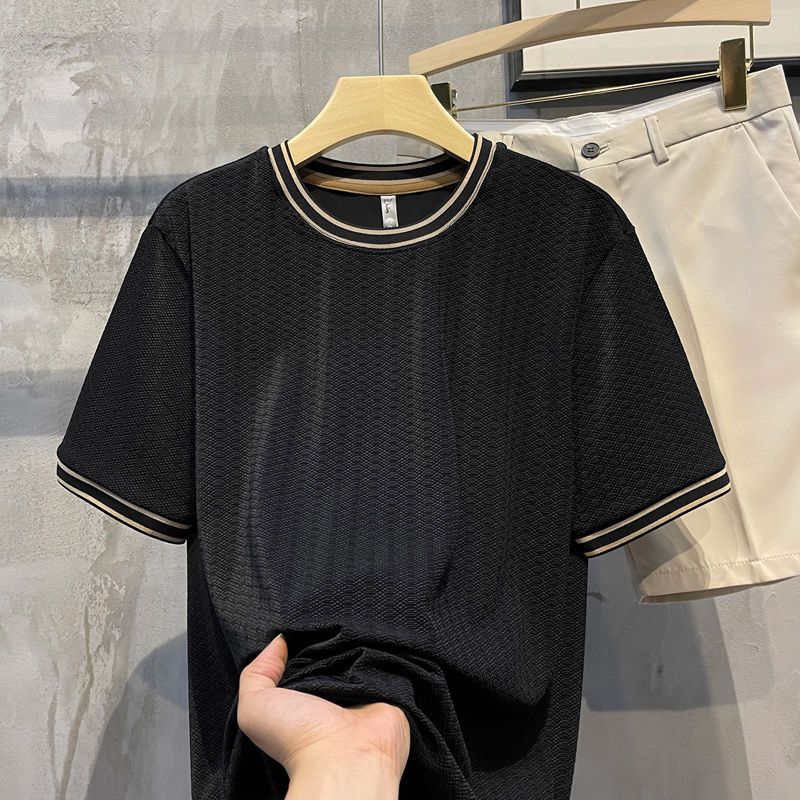Мужская летняя тонкая футболка с коротким рукавом из белого жаккарда и ледяного шелка с контрастной цветной вставкой M чёрный 1675₽