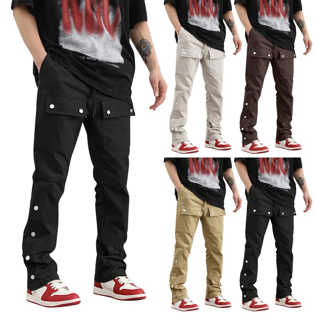 Men's Solid Color Retro Straight Wide Leg Trousers Men's Casual Fashion Multi Pocket Trousers