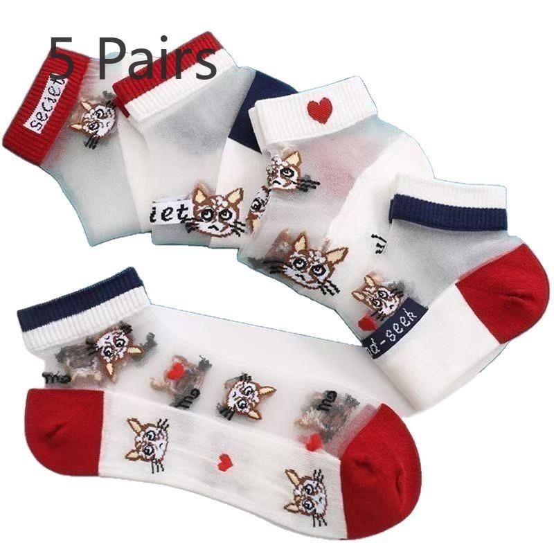 5 Pairs of Cat Cartoon Glass Silk Socks Children's Spring and Summer Thin Short Socks Kasi Cotton Bottom Sweat Breathable Socks