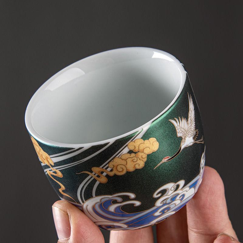 New Crane Cup Colorful Tea Cup Enamel Teacup Ceramic Chinese Kung Fu Tea Set Luxuriant Master Cup Enamel Ceremonial Cup Tea