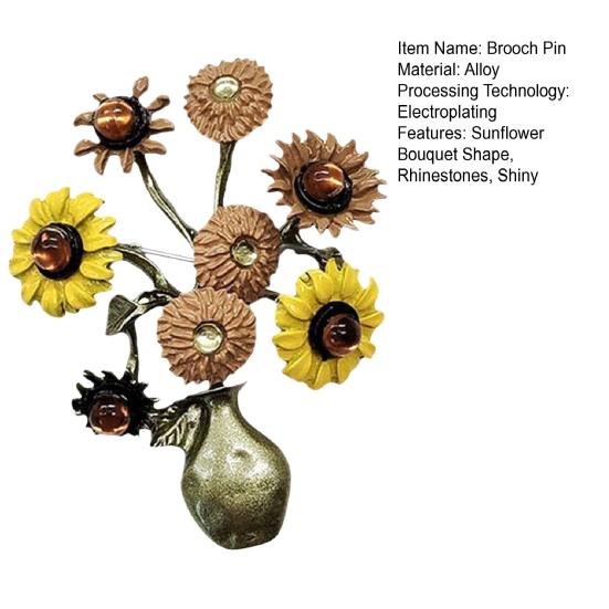 Sunflower Bouquet Shape Brooch with Shiny Rhinestones Flower Plant Pin Suit Lapel Badge Clothing Accessories Wedding Gift