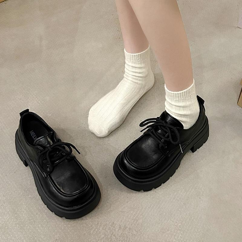 

thick-soled brown small leather shoes for women in spring 2025, new lace-up British style versatile loafers, height-increasing single shoes for women 35 чёрный