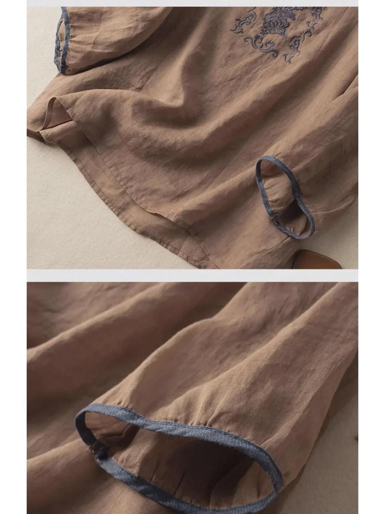 2024 Chinese Style Embroidered Three-Quarter Sleeve Cotton-Linen Pullover