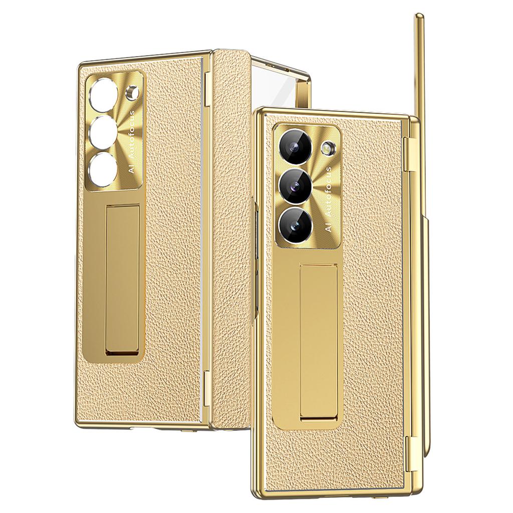 For Samsung Galaxy Z Fold6 5G PU Leather+Aluminum Alloy Kickstand Cover Folding Phone Case with Pen/Pen Slot
