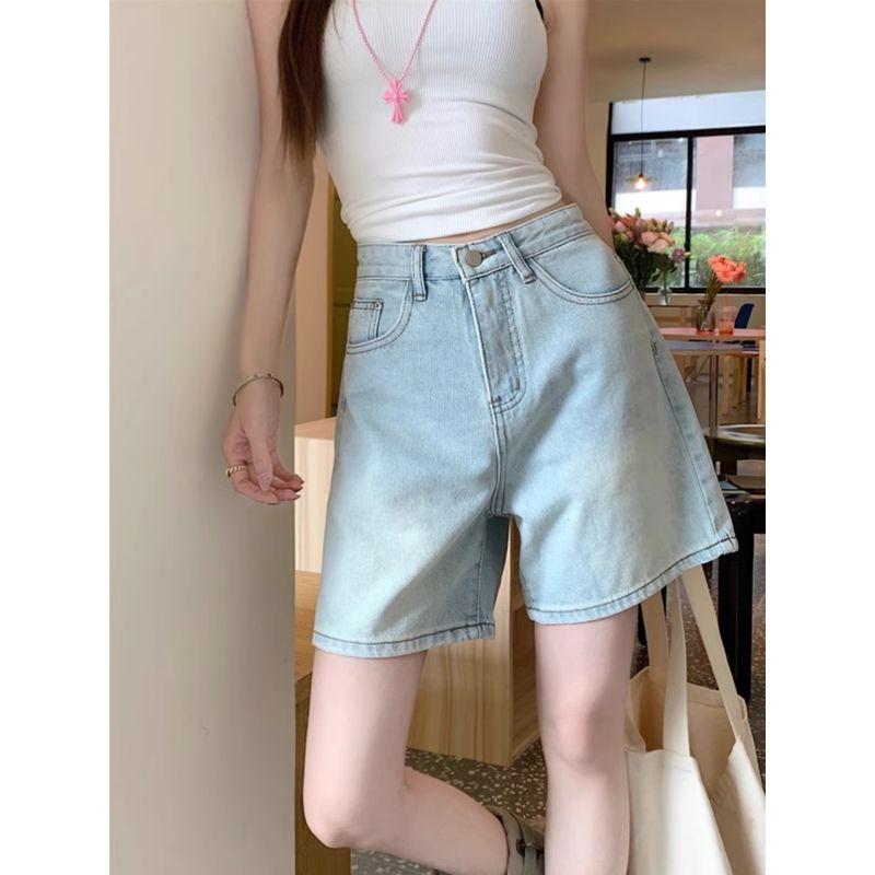 Kumikumi Retro Washed Denim Fifth Pants Women High Waist Loose Straight Wide Leg Pants Shorts