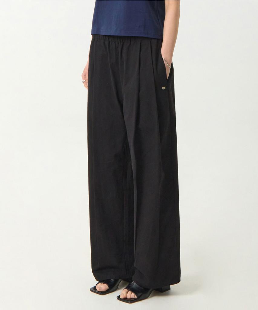 Yujen Double-Pleat Wide Cotton Elastic Waist Pants_Black
