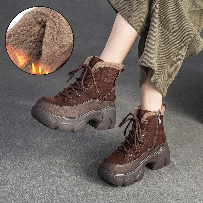 Johnature Plush Warm Genuine Leather Commuting Short Boots Retro Thick Soled Women's Shoes