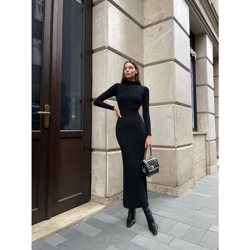 Damen Turtleneck Bodycon Kleid für Herbst und Winter, Französischer Stil Strick-Midikleid mit langen Ärmeln, Elegante schmal geschnittene Strickware für den Abend