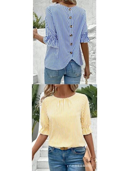 2026 Fashion Blue Striped Button-Design Shirt: European & American Style