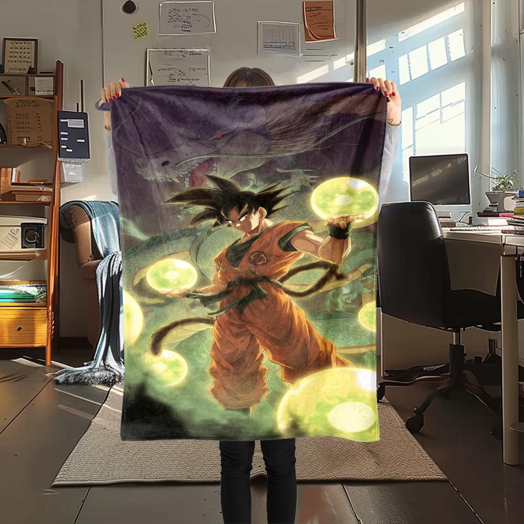 1 szt. Koc flanelowy z nadrukiem Son Goku, Wysokiej jakości, Na wszystkie pory roku, Wystrój domu, Ciepło i komfort, Idealny na prezenty świąteczne