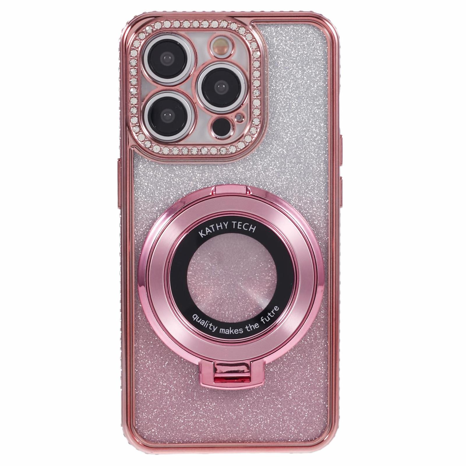 

For iPhone 12 Pro Max TPU Case Gradient Kickstand Cover with Rhinestone Lens Frame Rose Gold