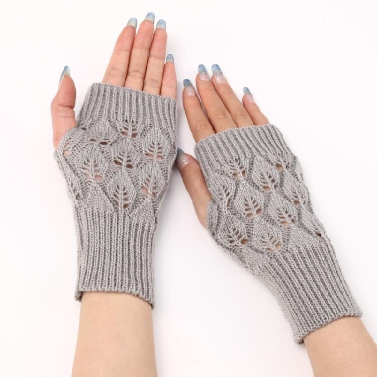 Knit Gloves Textured Leaf Design Soft Acrylic Fabric Cold Weather Fingerless Handwear Unisex Solid Color
