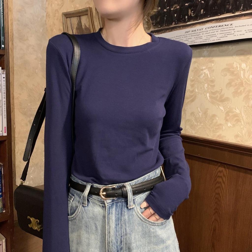 Women's Slim Fit Pure Cotton White Long-Sleeve T-Shirt, Round Neck, Regular Shoulder, Versatile Base Layer for Spring, Autumn, or Winter