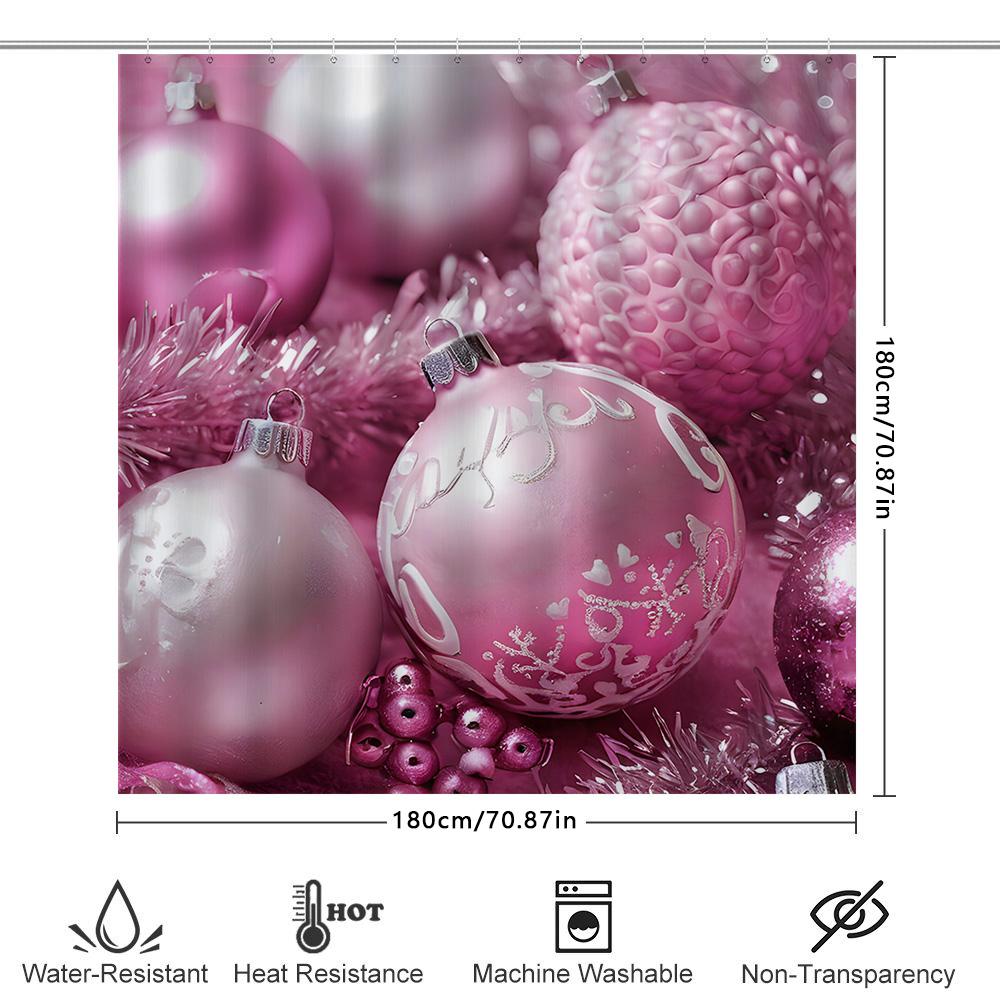 Pink Christmas Decor Shower Curtain Glittery Ornament Print For Bathroom Decoration Festive Holiday Home Accessories