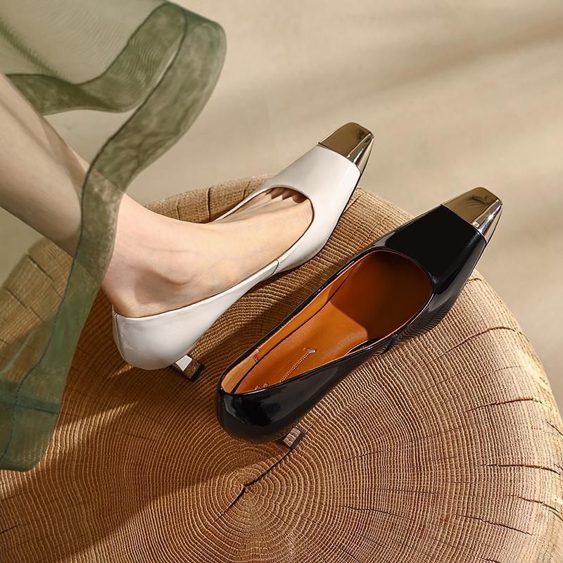Dame Pumps Natural Leather 22 -24 ,5 Cm Lengde Kuskinn Øvre metall firkantet tå Elegante stiletthælsko høye hæler