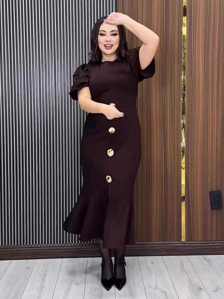 2025 Autumn Elegant Fishtail Dress - Solid Color, Short Sleeve, Slim Fit, Round Neck