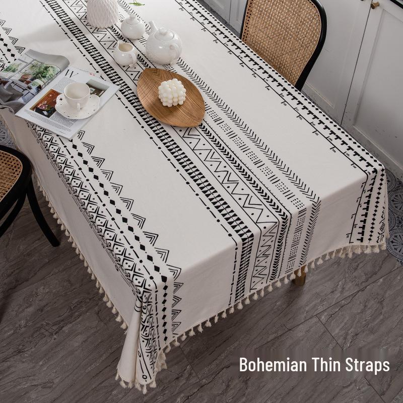 Bohemian Cotton Linen Tablecloth with Tassels – Ethnic Style, Waterproof & Oilproof, Wash-Free Rectangular Design