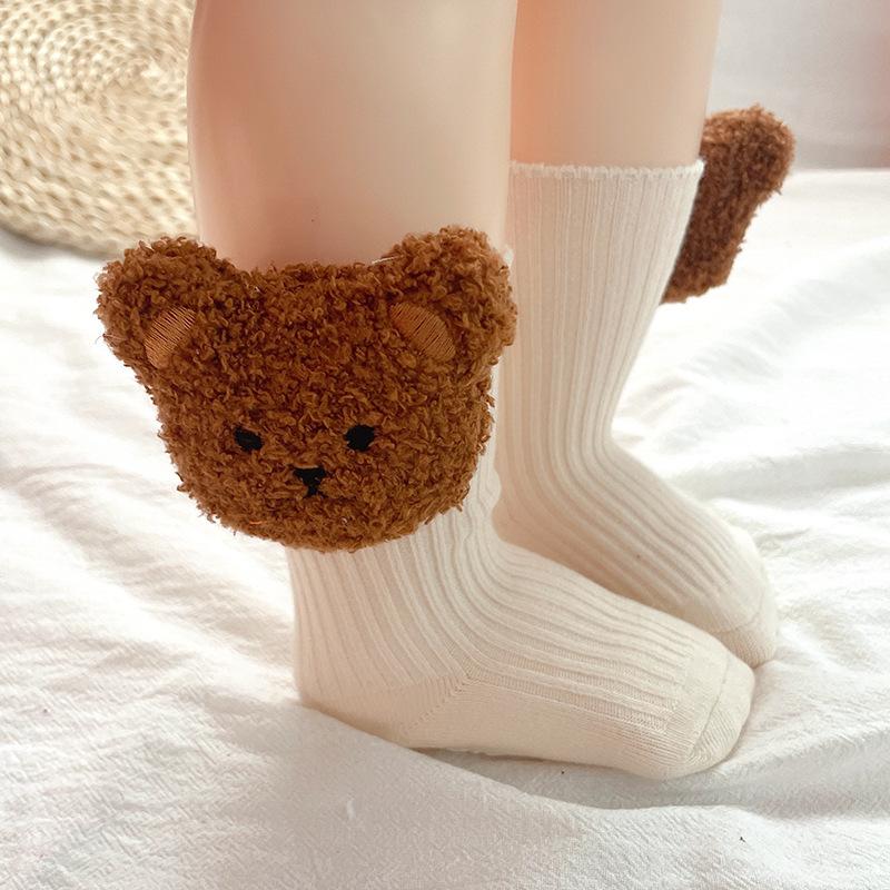 Cute Baby Bear Socks Solid Color Toddler Middle Tube Sock Cartoon Non-slip Children Floor Socks 1-3Year Girl Boy Cotton Footwear
