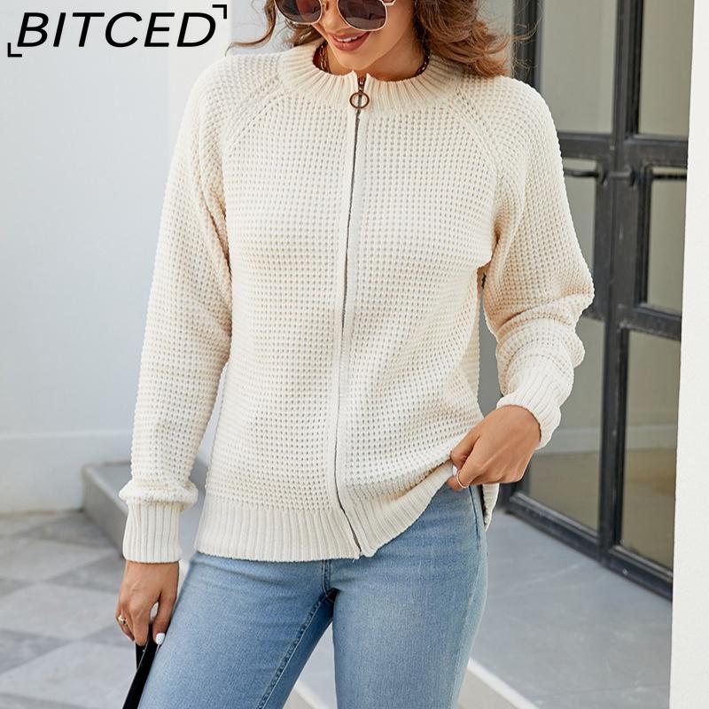 BITCED Autumn/Winter Women's Solid Colour Zip-Up O-Neck Knitted Cardigan