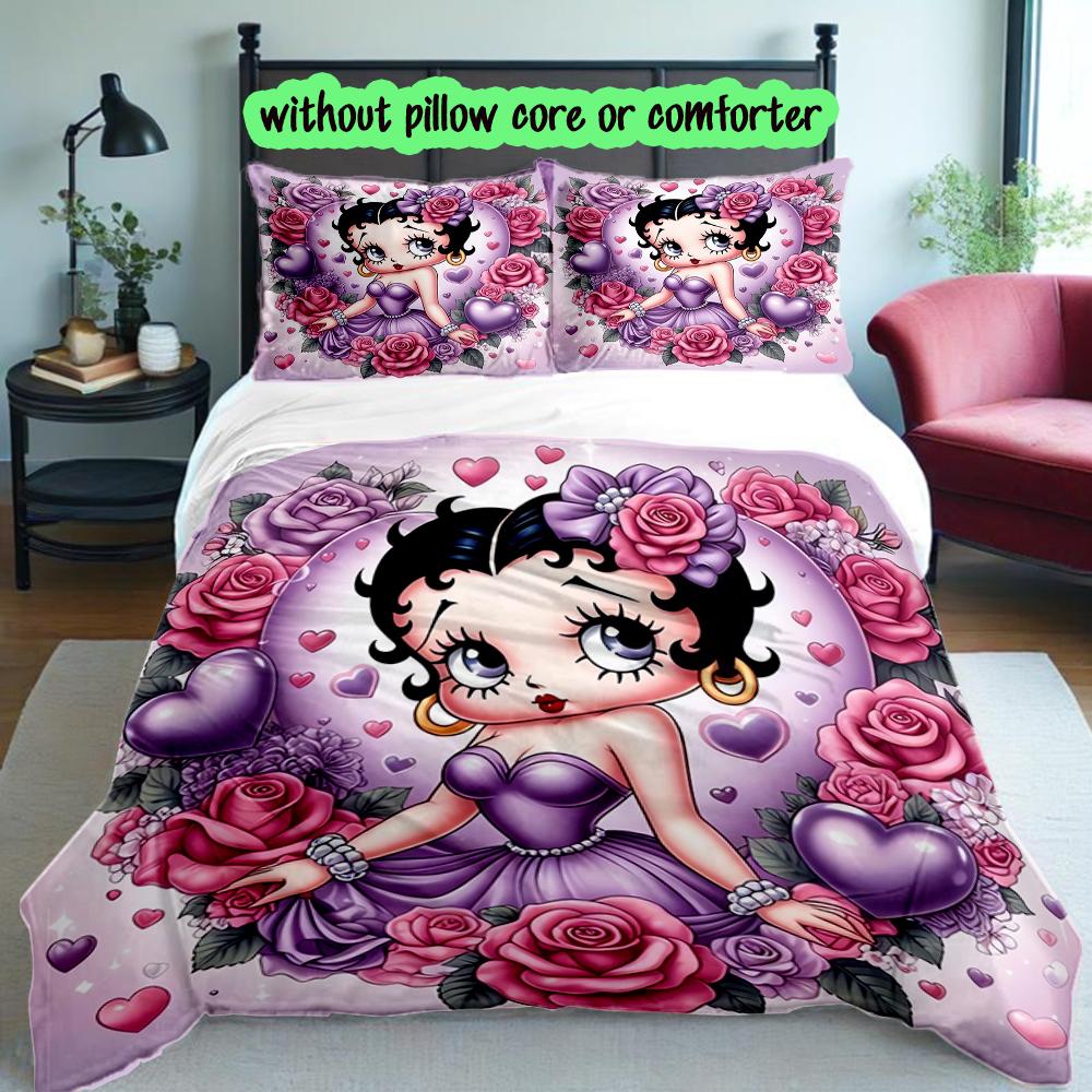 Betty Boop Duvet Cover Set - 3pcs Polyester Bedding Set with Digital Print, 1 Comforter Cover & 2 Pillow Shams