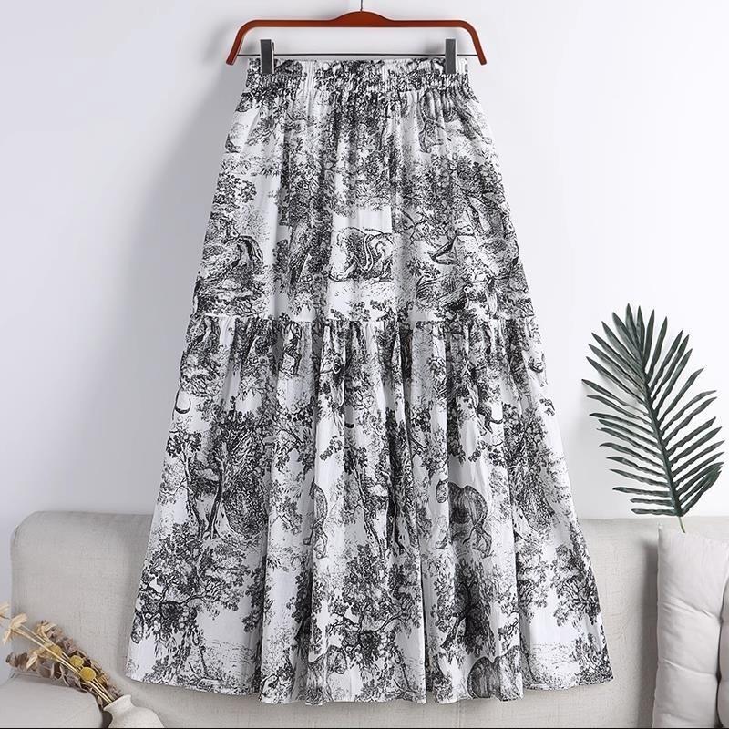 

Qooth Elegant Women A-line Ink Painting Print Chiffon Skirt Mid Length Elastic Waist Skirt QT2653 One Size чёрный