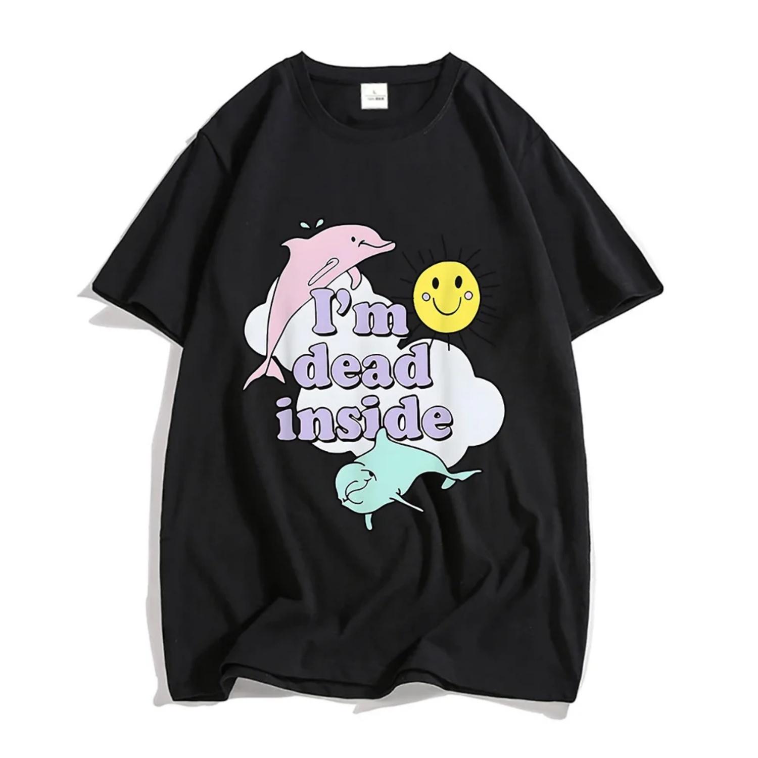 

I m Dead Inside Dolphin Tshirts 100_ Cotton Trendy Shirts Couples Loose Tees _ Short Sleeve Cute Animal Breathable Tops S чёрный